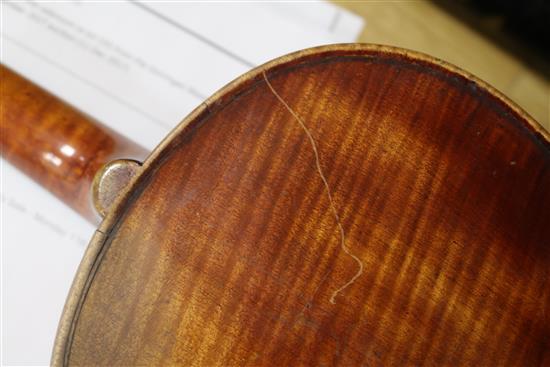 A 19th century violin, with single piece back, stamped Aubert to the bridge, L 365cm (body)